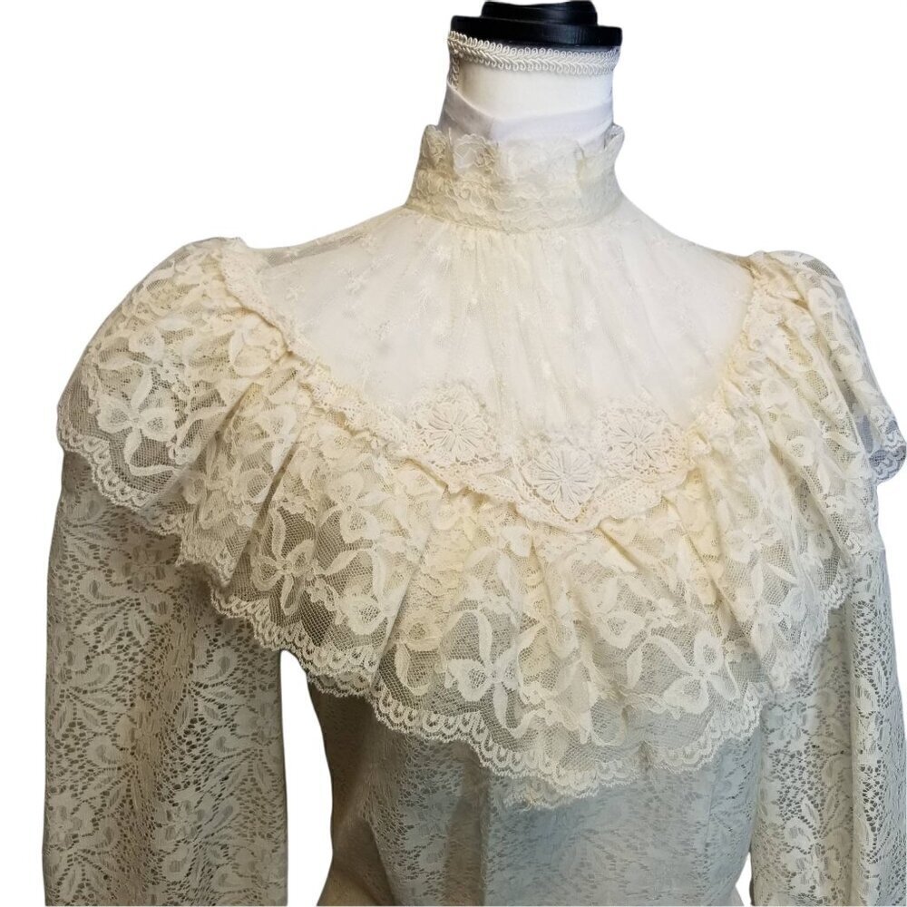 Vtg 70s does victorian ivory lace sheer ruffle puffy sleeve button back blouse - Picture 4 of 12